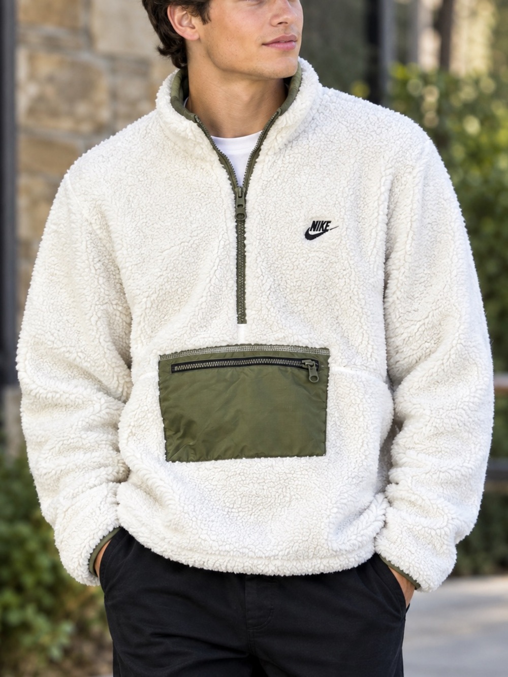 Nike Club Fleece Half-zip Anorak Plush Jacket 
- White/Olive Size Large